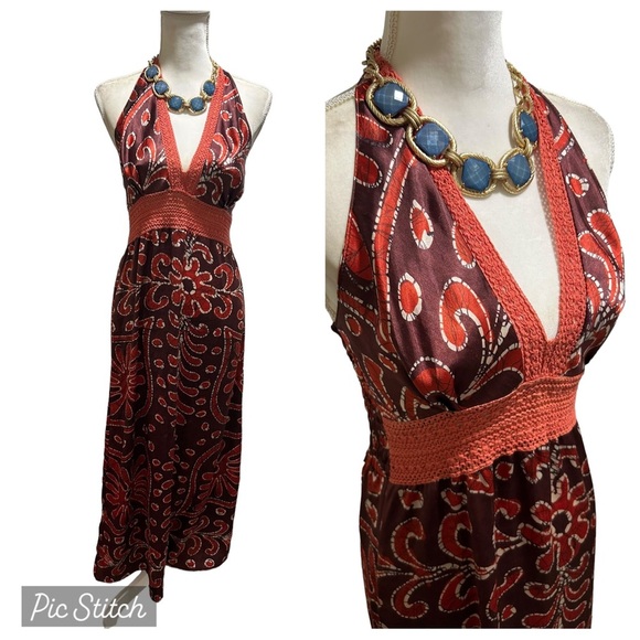 uluwatu Dresses & Skirts - Uluwatu bohemian halter maxi dress | brown silky crochet dress | size medium